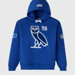 OVO NFL New York Giants Icon Team Hoodie front view featuring the OVO owl logo and NY Giants branding in white on a blue base.
