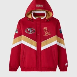 OVO NFL San Francisco 49ers Puffer Jacket front view with team and OVO branding.