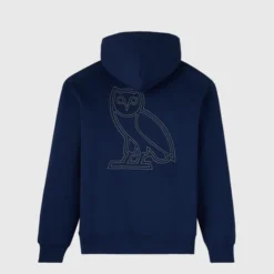 OVO Omega Contrast Stitch Navy Hoodie back view with stitched owl logo.