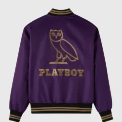 OVO Playboy Varsity Jacket Back View – Purple with Gold Owl and Playboy Branding