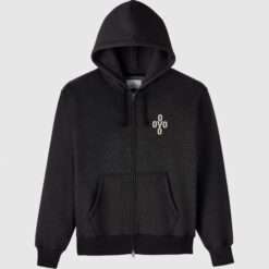 OVO Pom Pom Speckle Hoodie in black, front view with full-zip closure and embroidered logo.