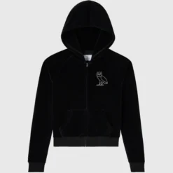 Black OVO Rhinestone Full-Zip Hoodie with front zipper and rhinestone-embellished owl logo on the chest.