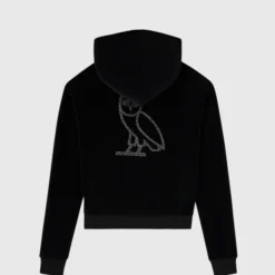 Back view of the black OVO Rhinestone Full-Zip Hoodie featuring a large rhinestone-embellished owl logo.