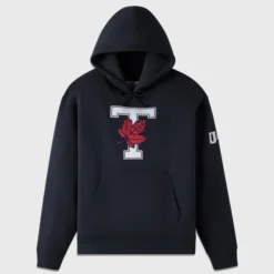Black fleece hoodie featuring a bold "T" logo with a red maple leaf at the center, representing the University of Toronto, and "UOFT" text on the sleeve.