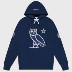 OVO X NFL Dallas Cowboys OG Hoodie front view featuring the OVO owl logo and Cowboys star on a navy blue background.
