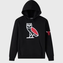 Front view of OVO x NBA Chicago Bulls Hoodie in black, featuring a large OVO owl logo with red and white accents, a kangaroo pocket, and a Bulls logo on the sleeve.