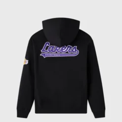 OVO x NBA Los Angeles Lakers Hoodie back view featuring Lakers script logo in purple and white.