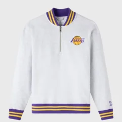 Front view of OVO x NBA Los Angeles Lakers Sweatshirt in light gray with a half-zip collar, Lakers logo on the chest, and purple and yellow striped ribbed trim.