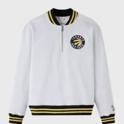 OVO x NBA Toronto Raptors Sweatshirt in white with black and gold accents, featuring a half-zip collar and a Toronto Raptors logo on the chest.