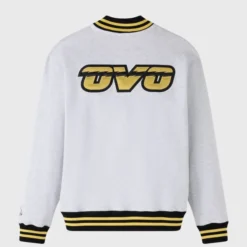 Back view of the OVO x NBA Toronto Raptors Sweatshirt in white, showcasing a bold gold and black OVO logo.