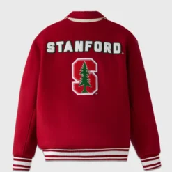 Back view of the red OVO x Stanford Campus Varsity Jacket with bold "Stanford" lettering and embroidered "S" logo.
