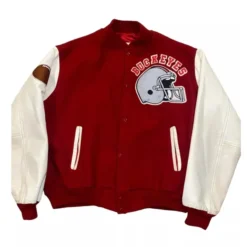 Ohio State Buckeyes varsity jacket front view in burgundy and white with Buckeyes logo and helmet patch.