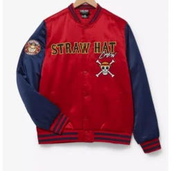 A front view of the One Piece Straw Hat Crew Bomber Jacket, featuring a red satin body, navy blue sleeves, and embroidered "Straw Hat Crew" text with the Jolly Roger logo on the chest.
