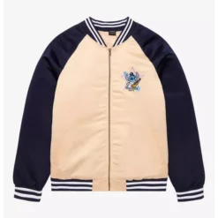 Front view of Our Universe Disney Lilo & Stitch Elvis Stitch Jacket in beige and navy with embroidered Stitch design.