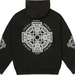 Palace Celtic Zip Hoodie back view featuring an intricate Celtic cross graphic with "London" and "Irish" detailing.