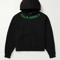 Black Palm Angels Logo Print Cotton Hoodie with green text on the chest.