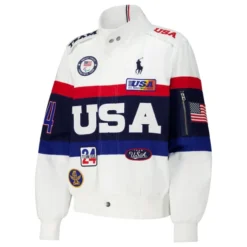 Paris 2024 USA White Team Summer Paralympics Jacket with bold USA lettering and embroidered patches.