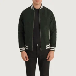 Pascal Green Suede Varsity Jacket front view, featuring a zip-up closure and striped ribbed collar, cuffs, and hem.