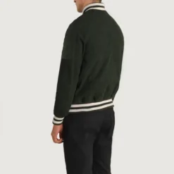 Back view of the Pascal Green Suede Varsity Jacket, showcasing a smooth suede finish and striped ribbed hem.