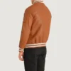 Pascal Tan Brown Leather Varsity Jacket back view, showcasing a smooth leather finish with ribbed hem and cuffs.