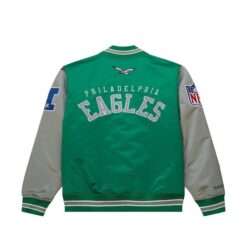 Philadelphia Eagles Primetime Heavyweight Satin Jacket - Back View with team name and logo.