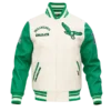 Philadelphia Eagles Retro Classic Men’s Varsity Jacket - Front View with embroidered team logo and lettering.