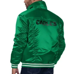 Back view of the Philadelphia Eagles Silver Tab Trucker Jacket with bold "Eagles" text on the upper back.
