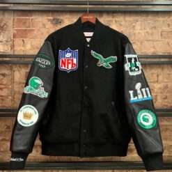 Philadelphia Eagles Varsity Jacket Front View – Classic Black with Team Patches
