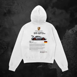 Porsche 911 GT3 RS Hoodie – White hoodie featuring Porsche branding and car specifications on the back.