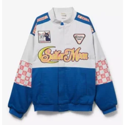 Pretty Guardian Sailor Moon Racing Jacket front view featuring Sailor Moon-themed patches and vibrant blue and white design.