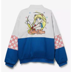 Pretty Guardian Sailor Moon Racing Jacket back view with an embroidered Sailor Moon design and planetary symbols.
