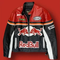 Red Bull Racing Leather Jacket front view with embroidered logos and racing-inspired design.