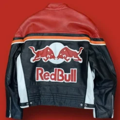 Red Bull Racing Leather Jacket back view with Red Bull logo and racing stripes.