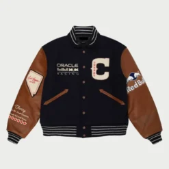 Red Bull Racing Varsity Jacket front view with embroidered logos, leather sleeves, and stylish patchwork.