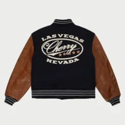 Red Bull Racing Varsity Jacket back view featuring a Las Vegas Cherry Nevada design and premium leather sleeves.