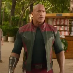 A leather vest in red and black, as worn by Dwayne Johnson in Red One (2024), featuring a sleeveless design, front zipper, and rugged detailing.