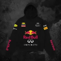 A black oversized hoodie featuring Red Bull Racing and Infiniti branding, with multiple sponsor logos on the chest, sleeves, and shoulders, designed for motorsport enthusiasts.