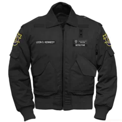 Resident Evil 2 Leon Kennedy RPD Jacket front view featuring police-style design with embroidered patches.