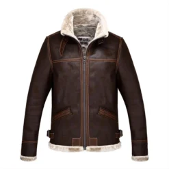 A brown leather jacket inspired by Leon Kennedy from Resident Evil, featuring a shearling-lined collar and interior.
