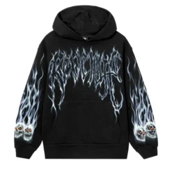 A black hoodie featuring a bold gothic-style "Revenge" logo in white and blue flame-like design across the chest. The sleeves have flaming skull graphics near the wrists.