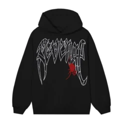 Black hoodie with "Revenge" written in a white spiderweb-style font and a red spider graphic.