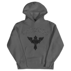 Dark gray hoodie featuring the "Revenge" logo in gothic font and a winged cross graphic on the chest.