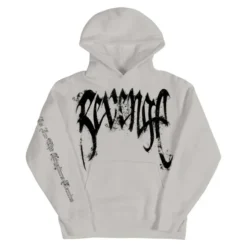 White Revenge St. Michaels Hoodie with bold black "Revenge" text on the front and gothic lettering on the sleeve.