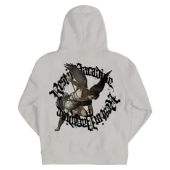 White Revenge St. Michaels Hoodie with a graphic of St. Michael defeating a demon, encircled by gothic lettering.