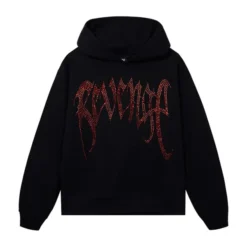 Revenge x Xxxtentacion Heartbreak Bejeweled Hoodie in black with red rhinestone 'Revenge' logo on the chest.