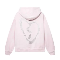 Light pink hoodie with a rhinestone-studded broken heart graphic on the back.