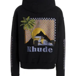 Rhude Moonlight Tropics Hoodie Back View – Black hoodie with bold tropical-themed Formula 1 graphic and Rhude branding.