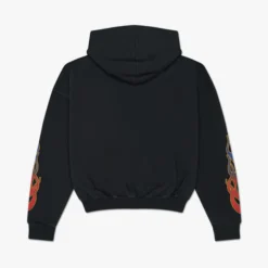 Rhude Screaming Eagle Hoodie back view in black with flame sleeve accents.