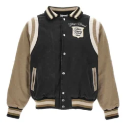 Rhude Washed Bomber Jacket front view with black and tan color-block design.