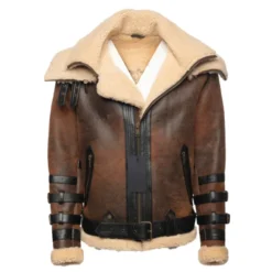 Richard’s Vintage Aviator Bomber Shearling Jacket with brown distressed leather, a thick shearling collar, and black strap detailing.